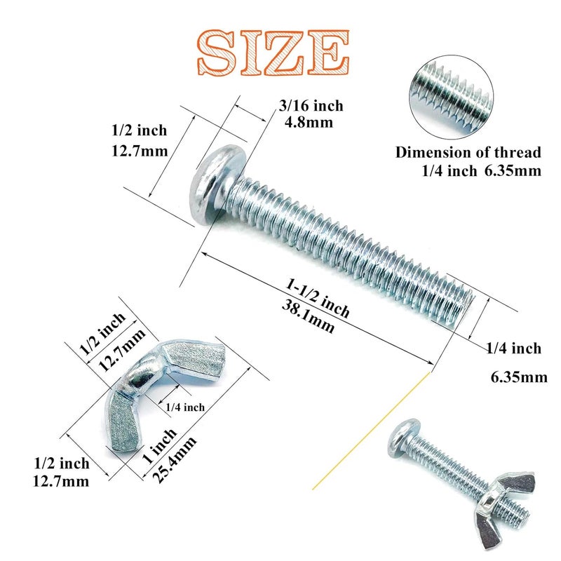 Matrelt 30Pack 1/4"-20 x1-1/2 Screw Bolts and Wing Nut Kit 15pcs Machine Screws with Round Head Phillips 15pcs Butterfly Hand Twist Tighten Nut Zinc Plated Hardware Fitting Fastenings Assortment Kit - Image 2